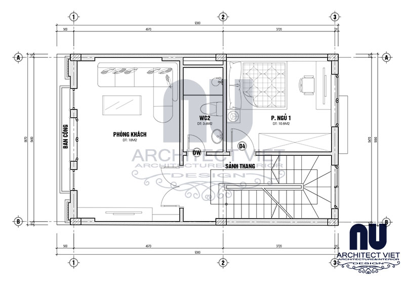 Bản vẽ công năng tầng 2 mẫu nhà phố 4x12m mẫu nhà phố 4x12m