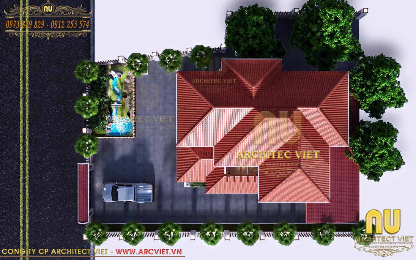 Hình ảnh 3D biệt thự 2 tầng nhìn từ trên xuống biệt thự hiện đại 2 tầng mái thái