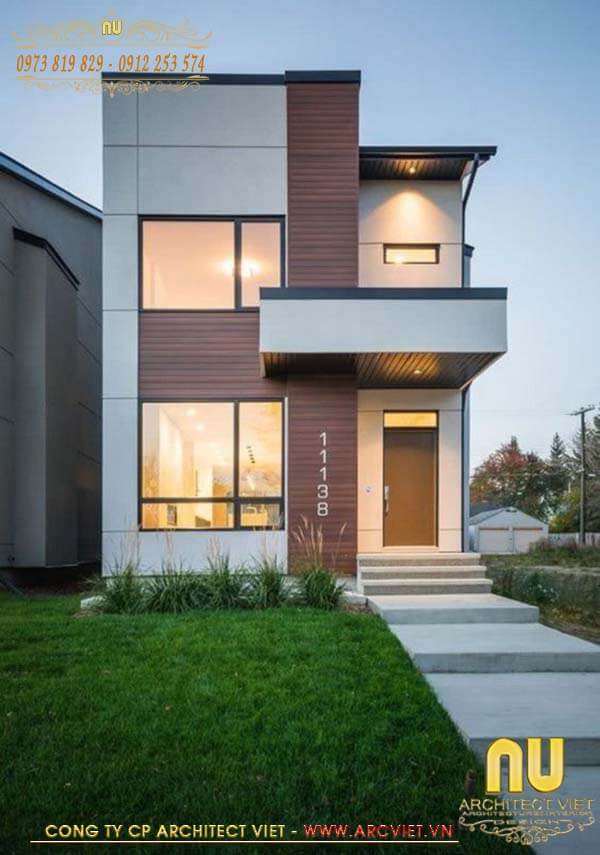Mẫu nhà 2 tầng hiện đại nổi bật với các hình khối phóng khoáng. thiết kế nhà 5x20m có sân vườn