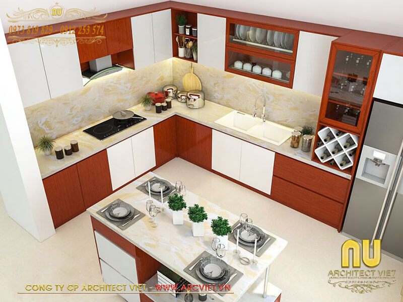 Không gian bếp ăn sáng sử hiện đại trong mẫu nhà chữ l 90m2 nhà chữ l 90m2
