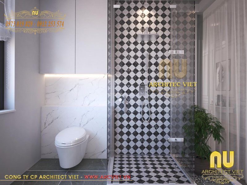 Thiết kế nội thất phòng tắm + vệ sinh nhà mái thái sân vườn 2 tầng đẹp nhà mái thái sân vườn