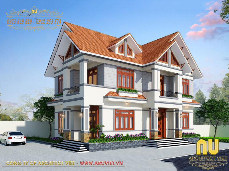 Hệ thống cửa kính khung gỗ giúp cho mẫu nhà mái thái sân vườn trở nên hài hòa, hiện đại hơn nhà mái thái sân vườn