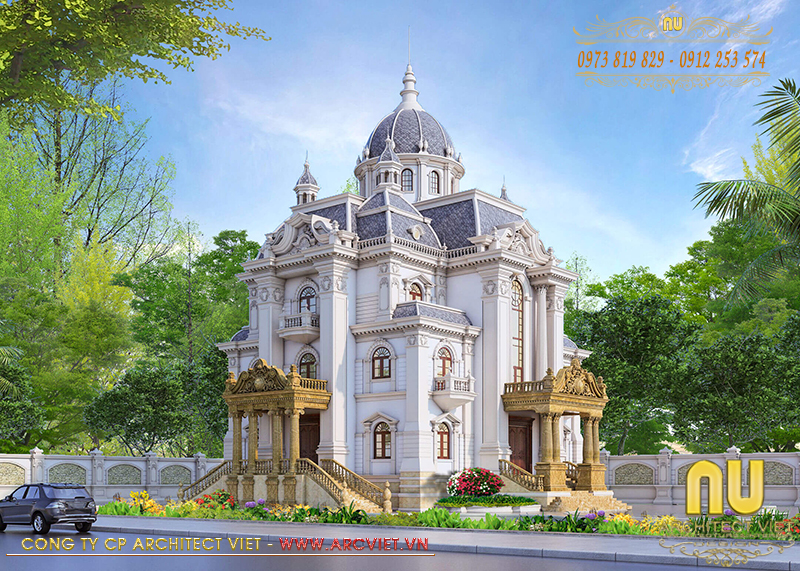 Hệ thống cửa mẫu thiết kế lâu đài dinh thự bố trí dày đặc giúp lây sáng và gió tự nhiên cho ngôi nhà thiết kế lâu đài dinh thự