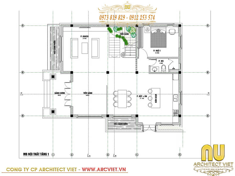 Mặt bằng công năng sử dụng tầng 1 mẫu thiết kế nhà 2 tầng 5x17m mái thái chữ l hiện đại thiết kế nhà 2 tầng 5x17m