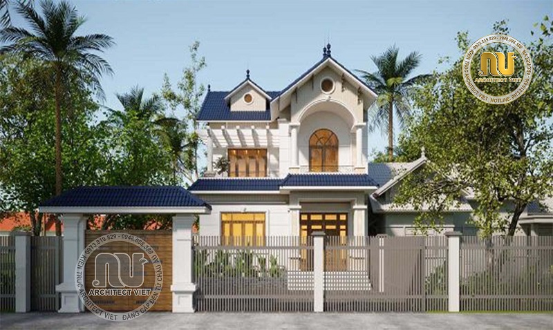 Phối cảnh góc chính diện mẫu nhà chữ L 9x12m. Thiết kế nhà đẹp 9x12m