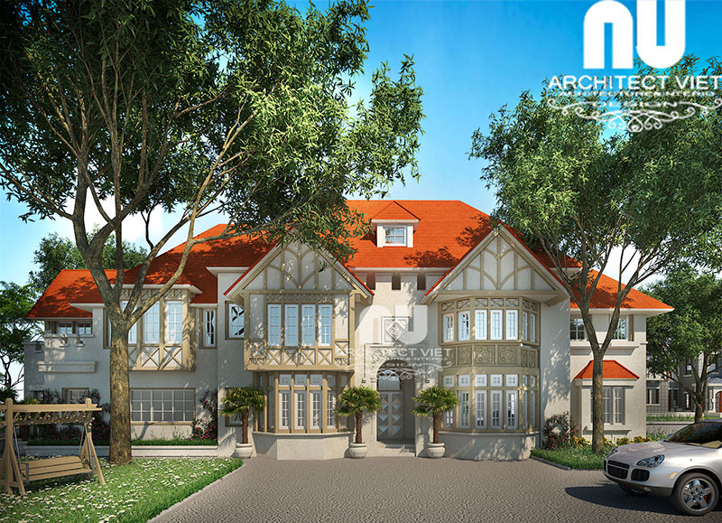 Phối cảnh tổng thể ngôi biệt thự 2 tầng 200m2 theo phong cách tân cổ điển