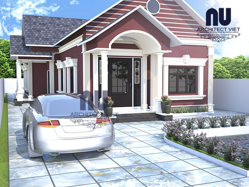 Phối cảnh mặt tiền nhà 1 tầng chữ L mái thái