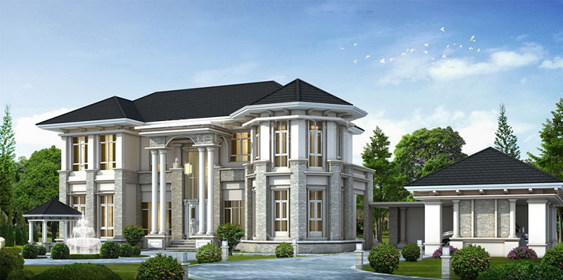 Ngoại thất duyên dáng của ngôi biệt thự 1 trệt 1 lầu tân cổ điển 444m2