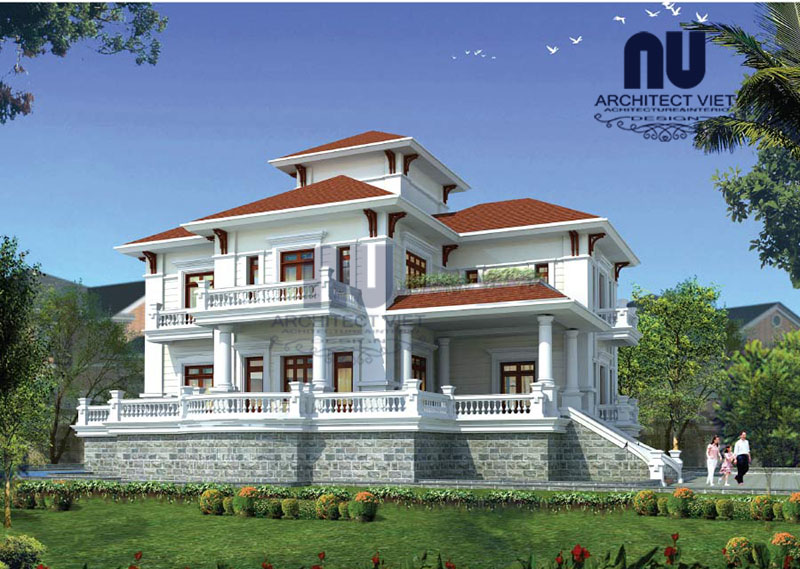Mặt bên của ngôi biệt thự 2 tầng ngắm nhìn mẫu biệt thự 2 tầng 230m2 phong cách tân cổ điển 1