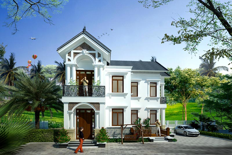 biệt thự 2 tầng mái thái hình chữ l mẫu biệt thự chữ l đẹp 2 tầng