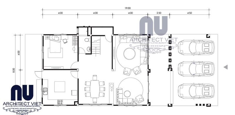 Bố trí nội thất tầng 1 trong mẫu biệt thự 3 tầng hiện đại biệt thự 3 tầng 8x19m hiện đại 1