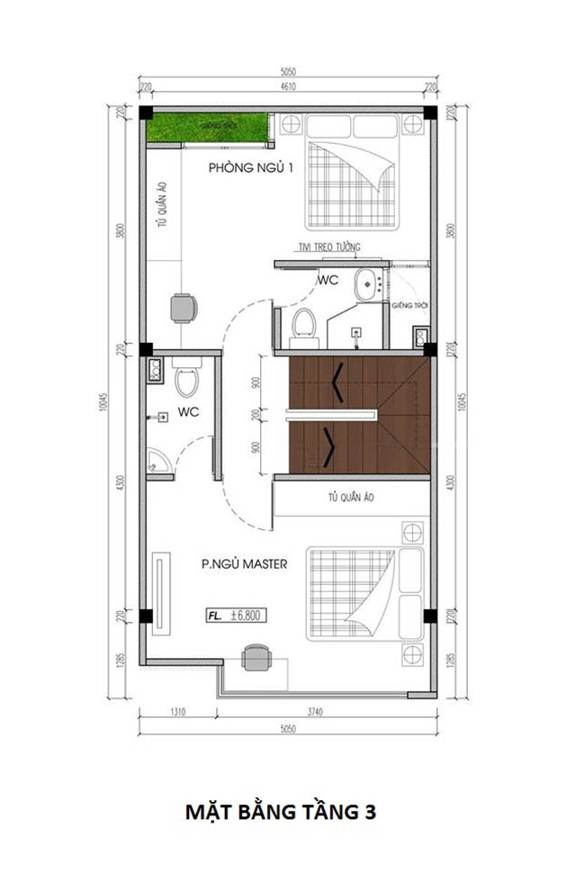 bản vẽ chi tiết mặt bằng công năng tầng 3 mẫu nhà phố đẹp 50m2 4 tầng