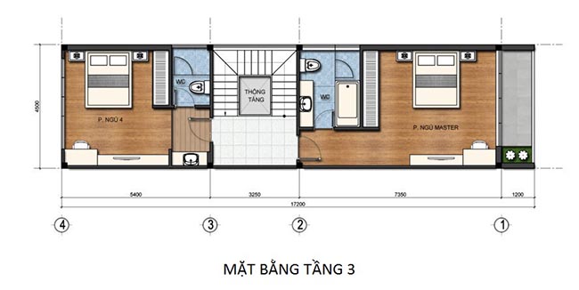 hình ảnh mặt bằng công năng tầng 3 mẫu nhà ống 3.5 tầng kích thước 4.5x20m phong cách hiện đại
