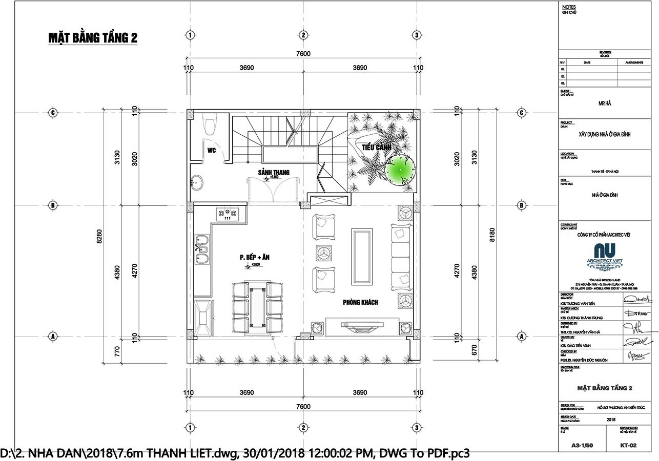 mặt bằng tầng 2 nhà ở kết hợp kinh doanh 5 tầng 7,5x7m