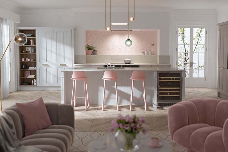 phòng bếp màu hồng lãng mạn