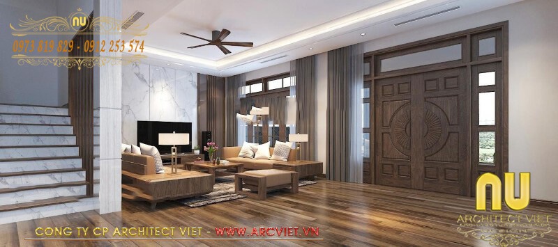 Thiết kế phòng khách đẹp bản vẽ biệt thự 2 tầng chữ L 63m2