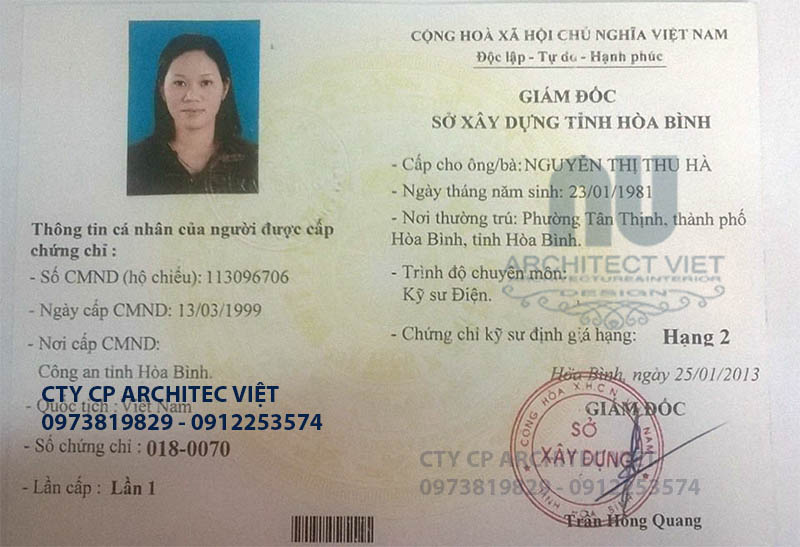 Chứng chỉ kỹ sư định giá hạng 2 Nguyễn Thị Thu Hà