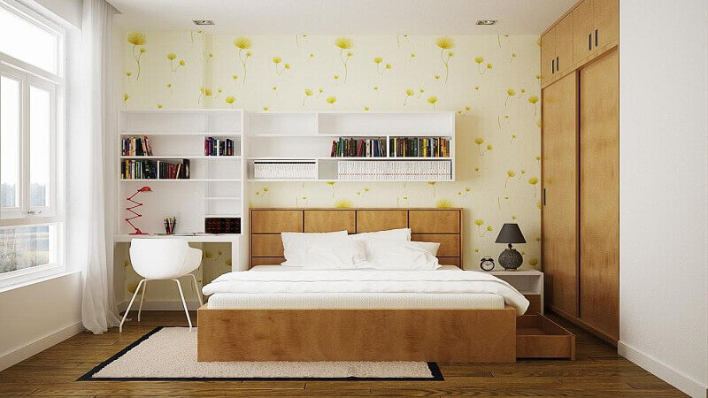 phòng ngủ đẹp rẻ với giấy dán tường đơn giản 