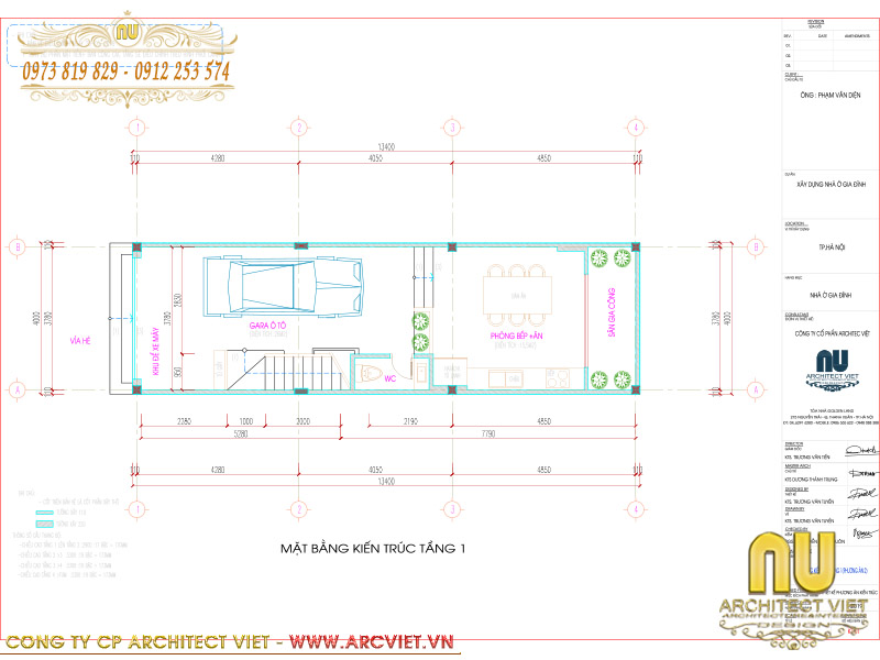 Mặt bằng tầng 1 nhà phố có gara ô tô