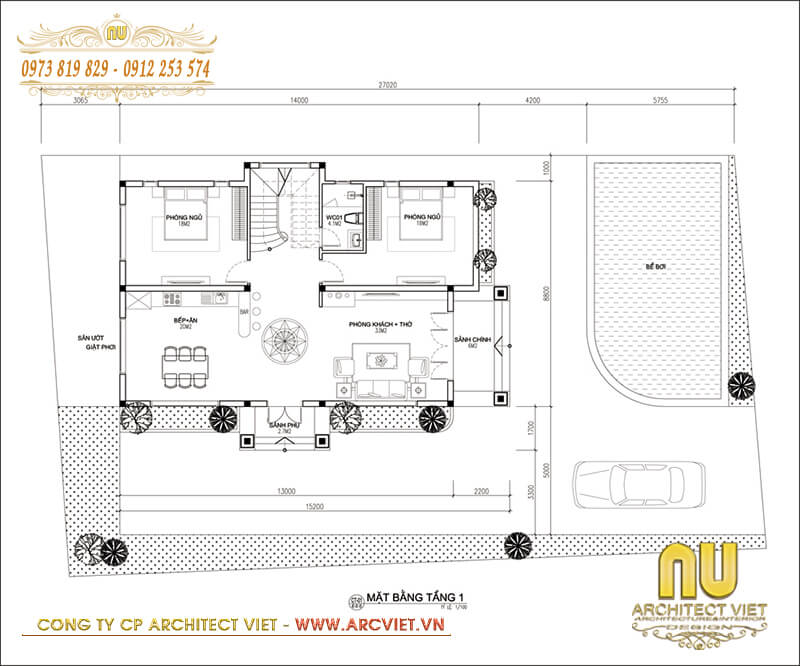 Bản vẽ mặt bằng tầng 1 trong mẫu thiết kế nhà 2 tầng có phòng thờ thiết kế nhà 2 tầng có phòng thờ