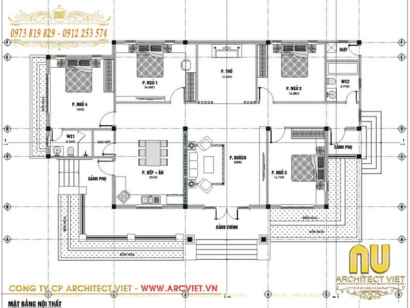 Thiết kế biệt thự đẹp biệt thự 1 tầng 4 phòng ngủ
