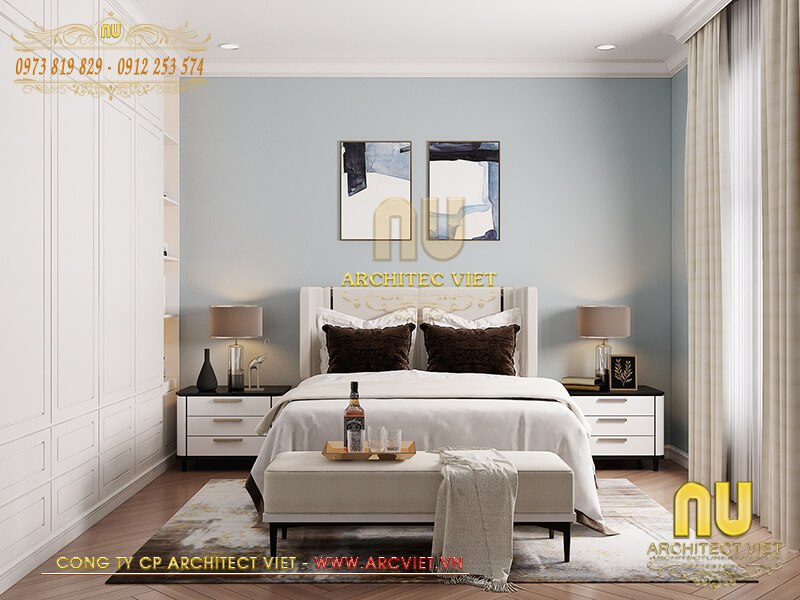 Thiết kế hệ thống rèm trong phòng ngủ mẫu biệt thự 2 mặt tiền để tiết giảm ánh sáng khi cần thiết biệt thự 2 mặt tiền