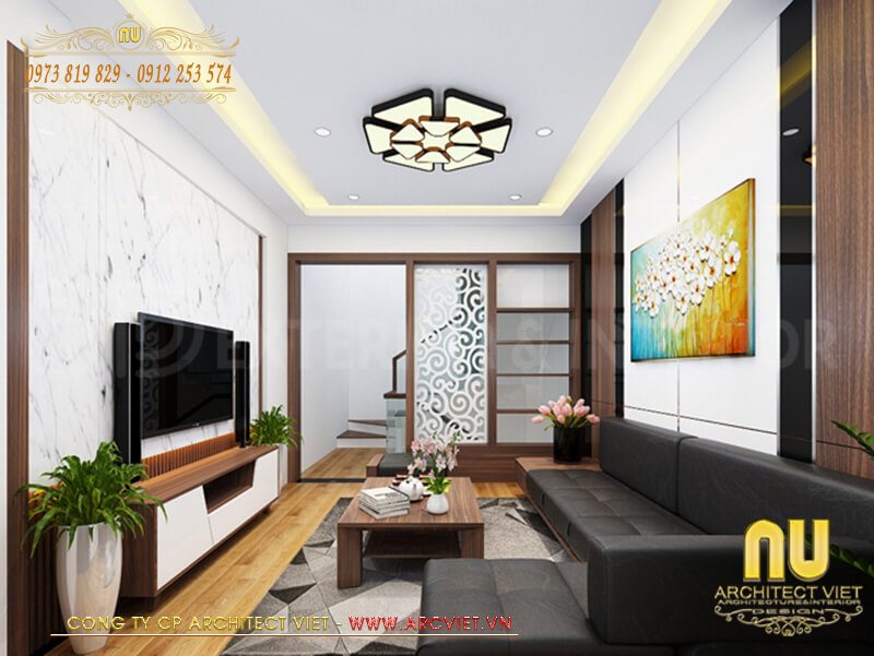 Không gian phòng khách bên trong mặt tiền nhà phố 4 tầng hiện đại mặt tiền nhà phố