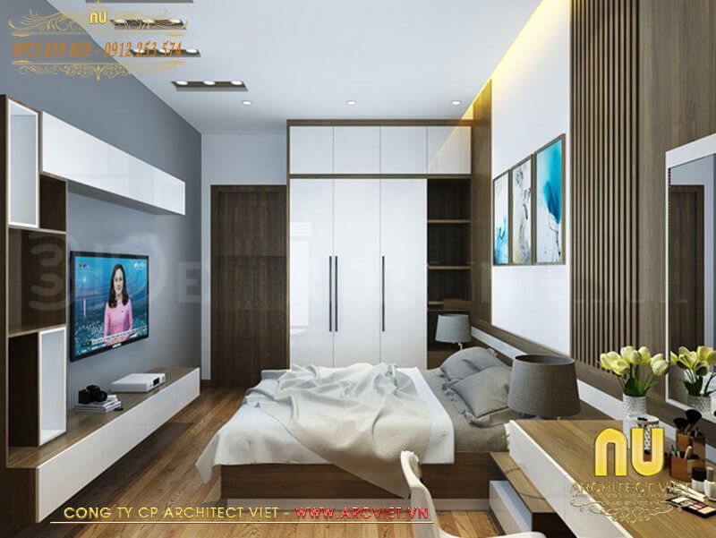 Phòng ngủ master bên trong mặt tiền nhà phố 4 tầng hiện đại được thiết kế tiện nghi và sang trọng mặt tiền nhà phố