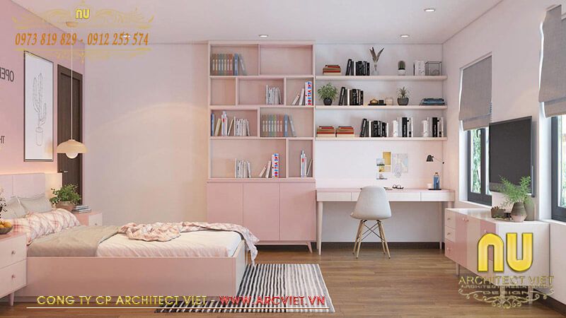 phòng ngủ kiêm phòng học màu hồng của con gái
