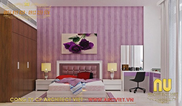 Phòng ngủ trà ngập màu hồng dễ thương trong mẫu nhà đẹp 3 tầng 5x12m mẫu nhà đẹp 3 tầng 5x12m