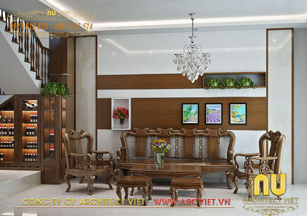 Thiết kế nội thất phòng khách độc đáo trong mẫu nhà đẹp 3 tầng 5x12m Không gian phòng khách trong mẫu nhà đẹp 3 tầng 5x12m