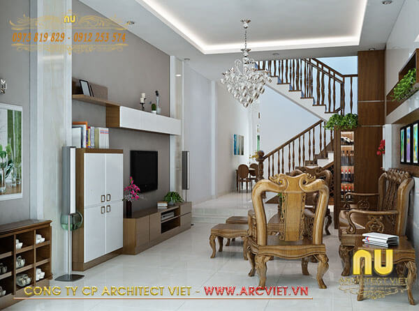 Không gian phòng khách trong mẫu nhà đẹp 3 tầng 5x12m mẫu nhà đẹp 3 tầng 5x12m