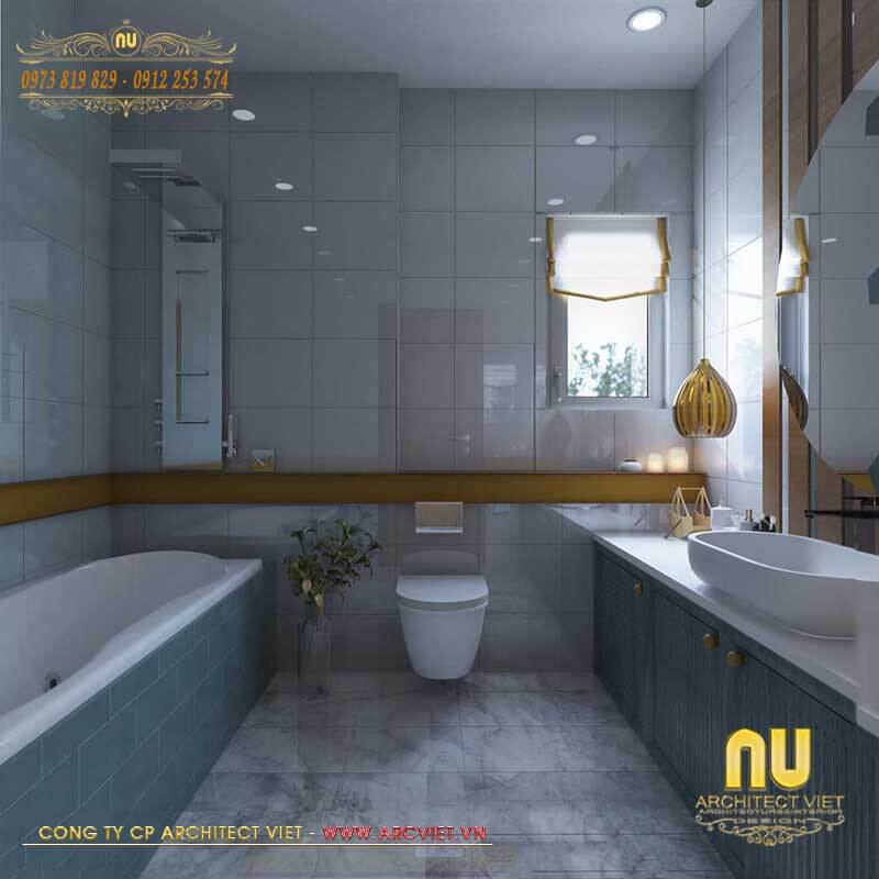 Phòng tắm nổi bật với gờ và đèn trang trí màu vàng trong nhà ống 3 tầng 5x15m 4 phòng ngủ nhà ống 3 tầng 5x15m 4 phòng ngủ