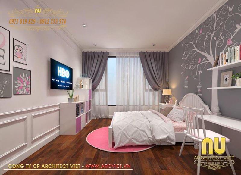Phòng ngủ con gái trong mẫu nhà ống tân cổ điển 2 tầng có phần điệu đà hơn nhà ống tân cổ điển 2 tầng