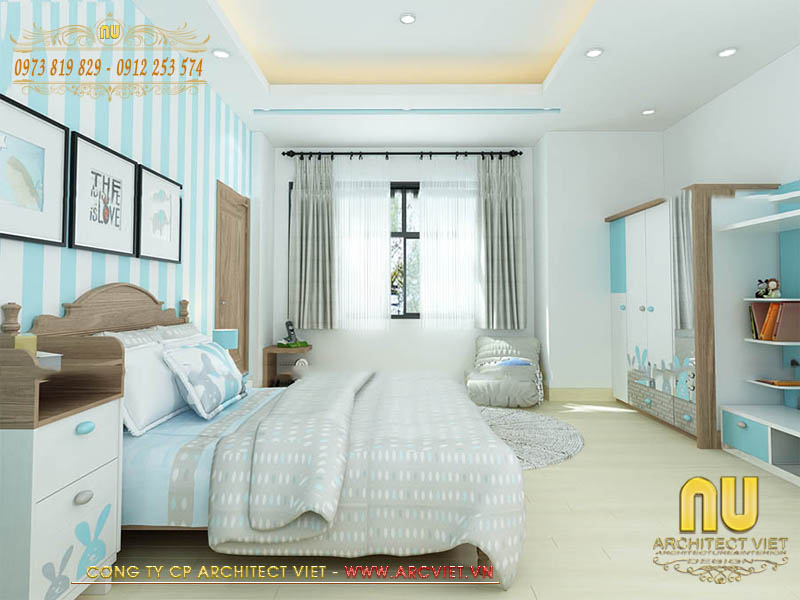 Mẫu nhà phố 2 tầng 1 tum hiện đại Phòng ngủ con màu sắc tươi sáng