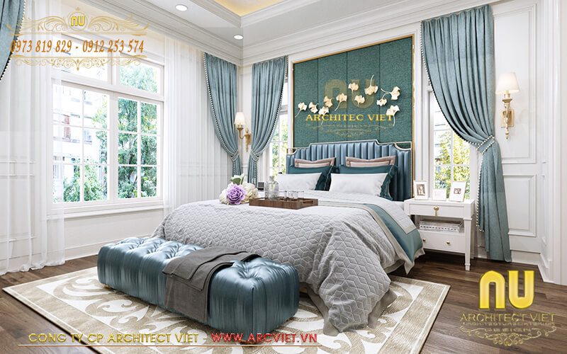 Phòng ngủ master nổi bật với tone màu xanh lá
