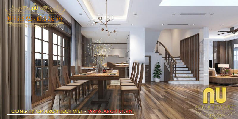 Phòng bếp ăn liên thông với phòng khách trong mẫu thiết kế nhà 2 tầng có phòng thờ thiết kế nhà 2 tầng có phòng thờ
