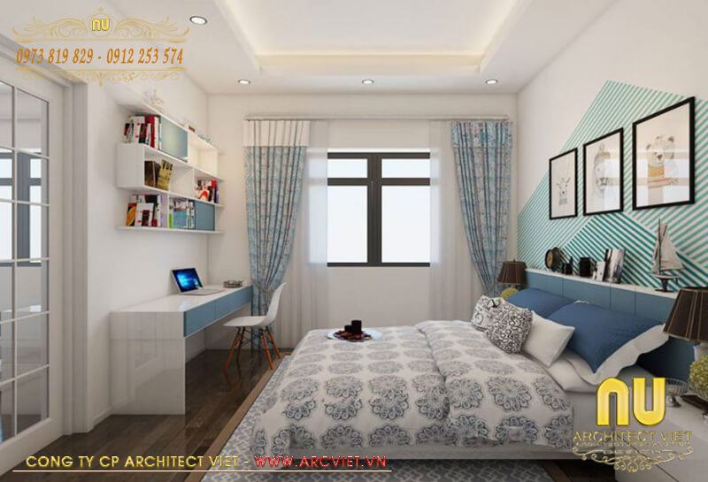 Phòng ngủ có gam màu tươi sáng, nhẹ nhàng trong mẫu nhà 2 tầng chữ L 100m2 mẫu nhà 2 tầng chữ L 100m2