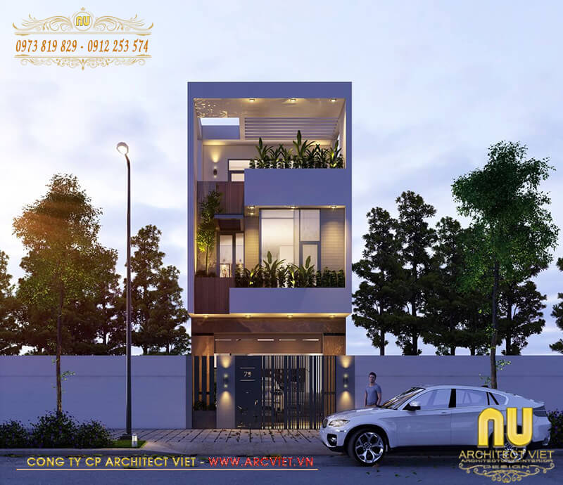 Trang trí mặt tiền mẫu nhà lệch tầng 4x16 với màu sắc dịu êm trẻ trung mẫu nhà lệch tầng 4x16