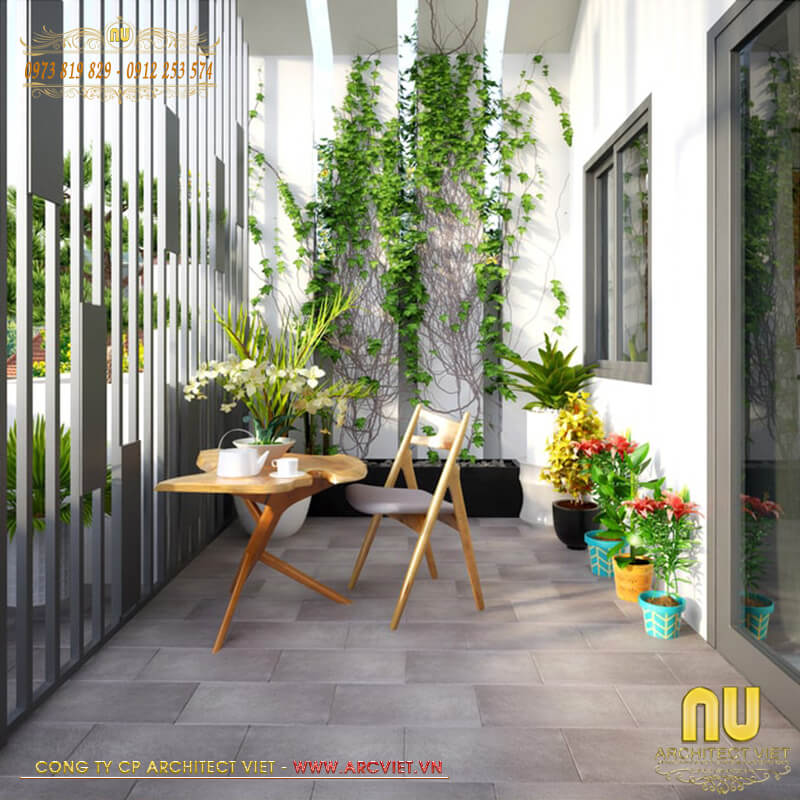 Tiểu cảnh sân vườn xanh mát tại tầng 3 mẫu nhà lệch tầng 4x16 mẫu nhà lệch tầng 4x16