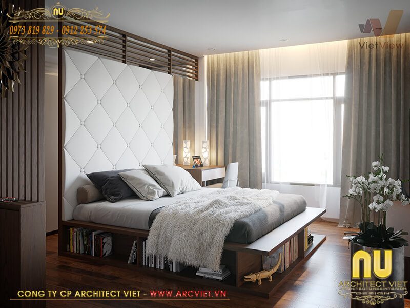 Phòng ngủ mẫu nhà lệch tầng 5x25 tối giản họa tiết cũng như màu sắc mẫu nhà lệch tầng 5x25