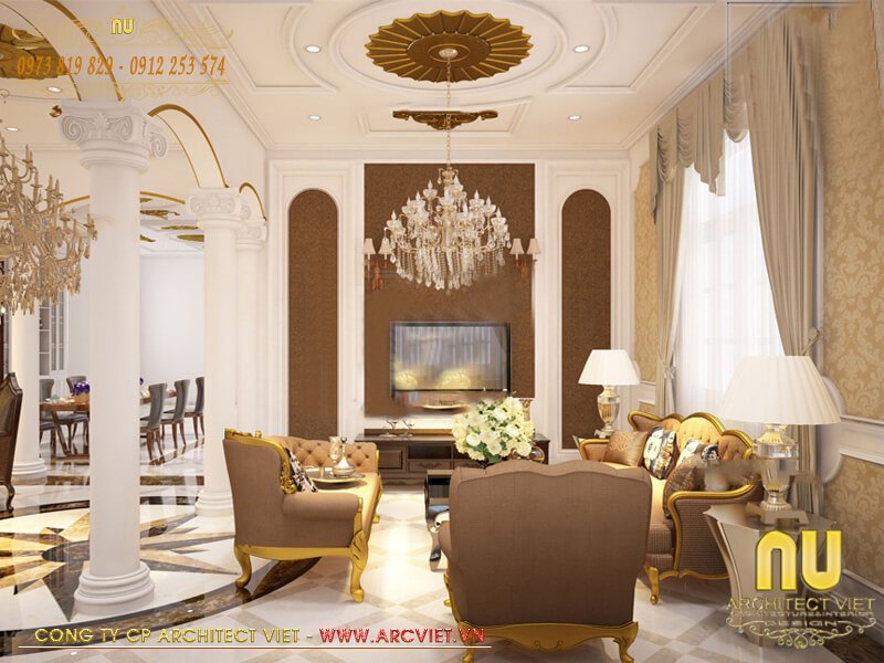 Không gian phòng khách mẫu thiết kế nhà 2 tầng kiểu pháp 220m2 nhà 2 tầng kiểu pháp