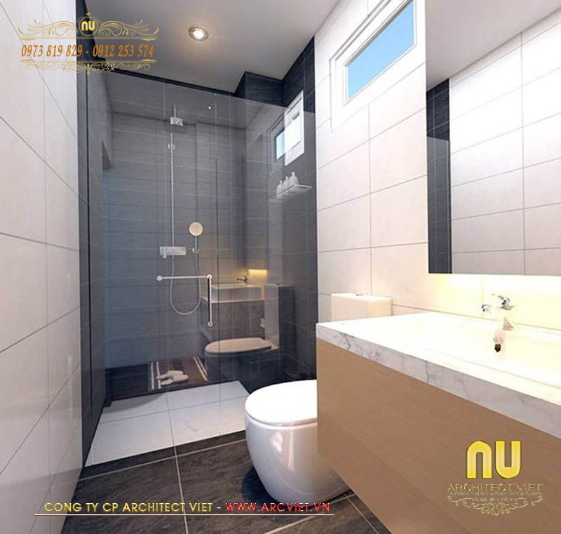 Nhà tắm kết hợp vệ sinh hiện đại trong nhà lệch tầng 5x15 nhà lệch tầng 5x15