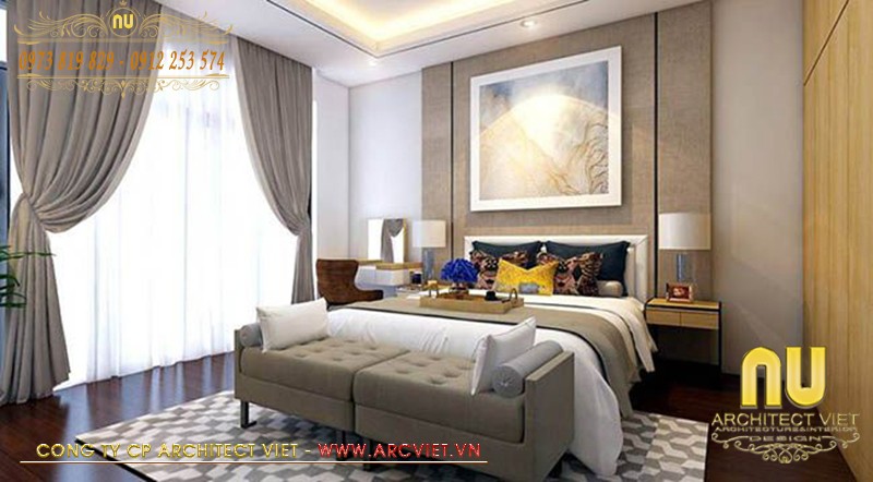 Phòng ngủ trong mẫu nhà lệch tầng 5x15 sử dụng màu sắc trung tính hiện đại nhà lệch tầng 5x15