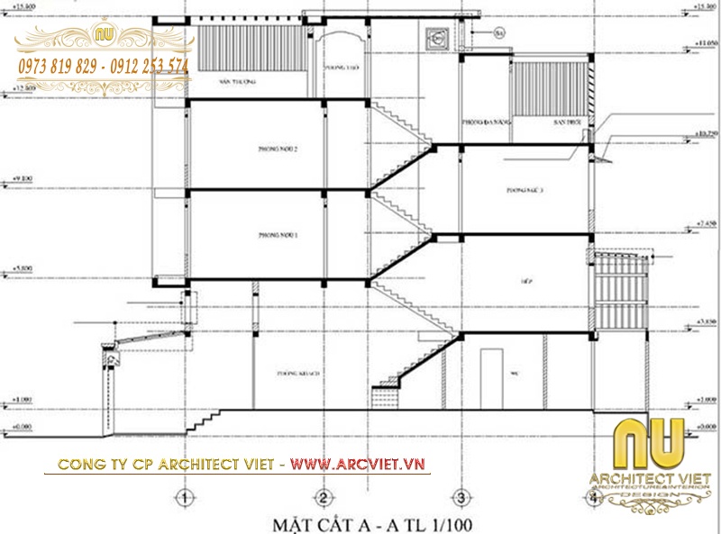 Bản vẽ mặt cắt mẫu nhà lệch tầng 5x15 nhà lệch tầng 5x15