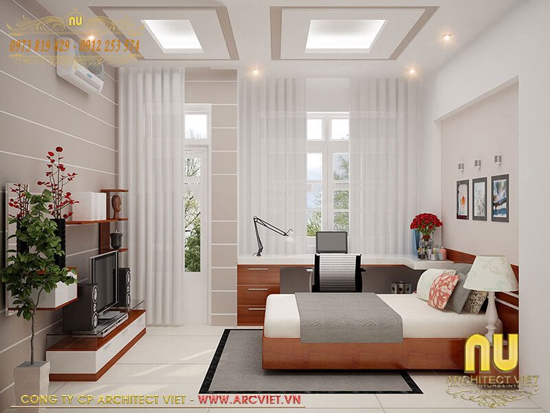 Không gian phòng ngủ nhà lệch tầng đẹp 5m tràn ngập ánh sáng tự nhiên nhà lệch tầng đẹp 5m