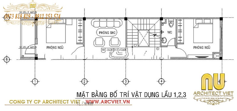 Bản vẽ mặt bằng tầng 2, 3, 4 mẫu thiết kế nhà lệch tầng 5x16m thiết kế nhà lệch tầng 5x16m