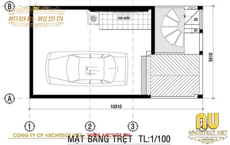 Bản vẽ bố trí công năng mặt bằng tầng 1 mẫu thiết kế nhà có tầng hầm 5x20 thiết kế nhà có tầng hầm 5x20