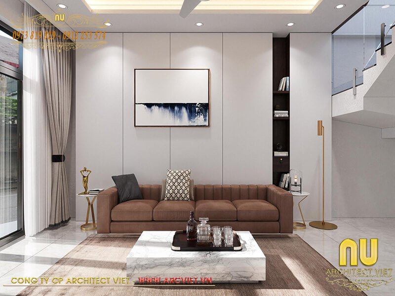 Không gian phòng khách thiết kế nhà phố 2 tầng trên mảnh đất 7x15m thanh lịch thiết kế nhà phố 2 tầng trên mảnh đất 7x15m