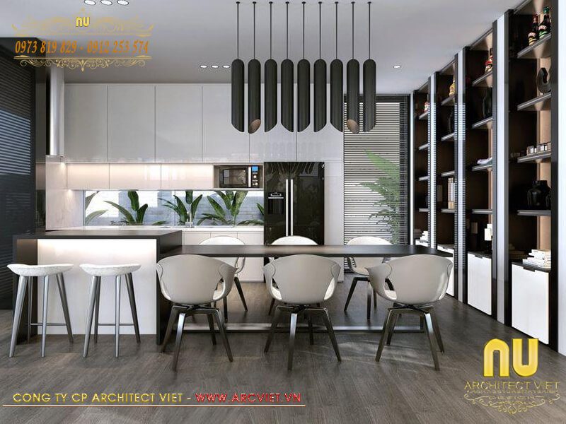Không gian nội thất bếp + bar mẫu biệt thự trệt hiện đại 1 tầng hiện đại tiện nghi biệt thự trệt hiện đại